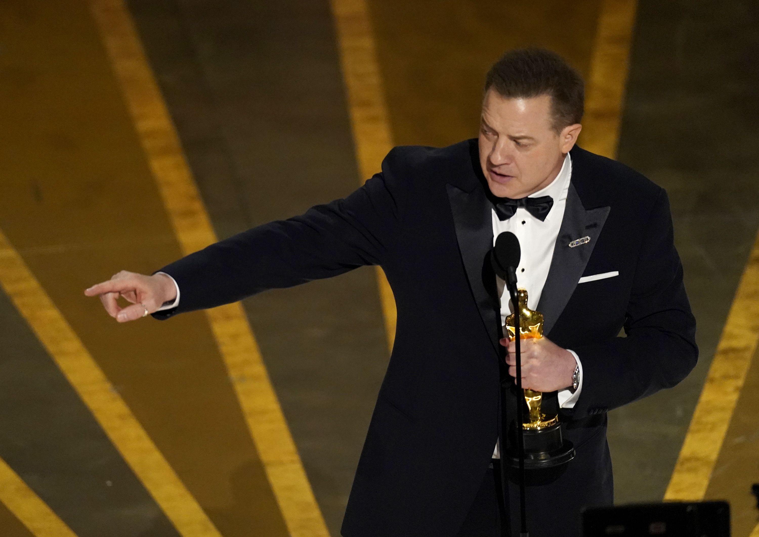 Brendan Fraser accepts the award for best performance by an actor in a leading role for "The Whale" at the Oscars on Sunday, March 12, 2023, at the Dolby Theatre in Los Angeles.