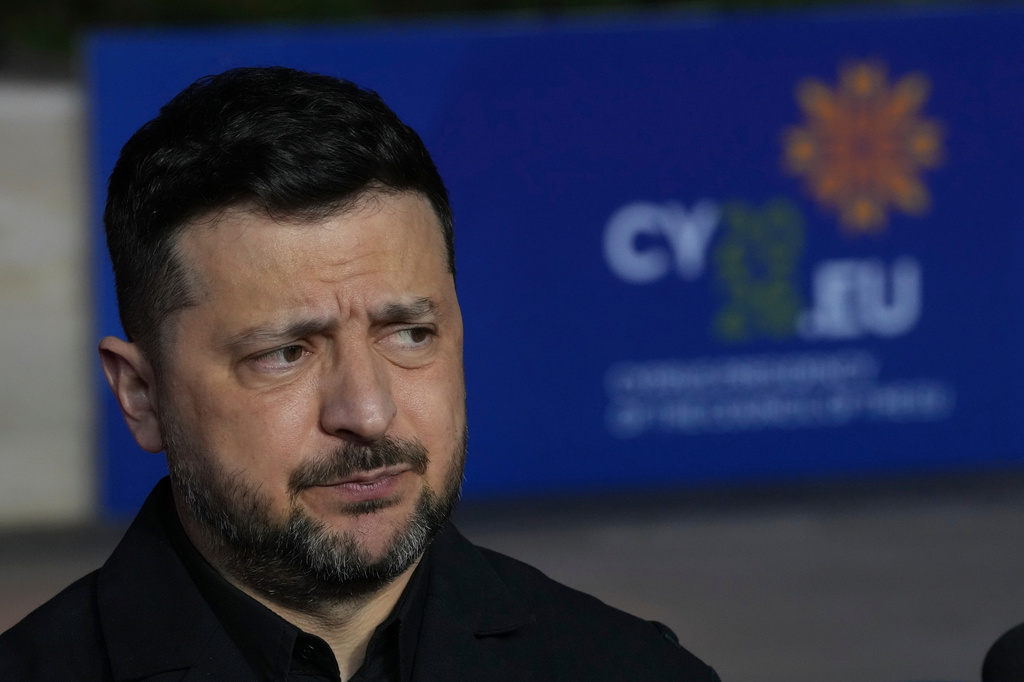 Ukraine's President Volodymyr Zelenskyy makes statements as he arrives for the EU Summit in Ayia Napa, Cyprus, Thursday, April 23, 2026.
