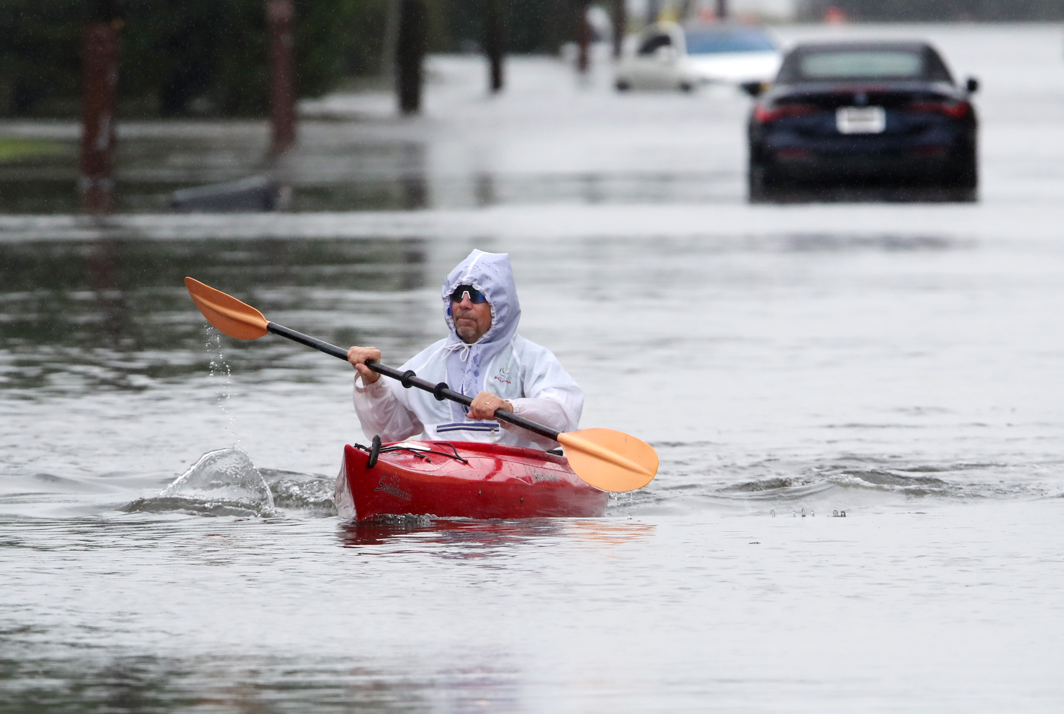 Ted Friedli kayaks his way through a flooded section of Florence Ave. during a nor'easter in Long Branch, N.J., Saturday, Sept. 26, 2026.