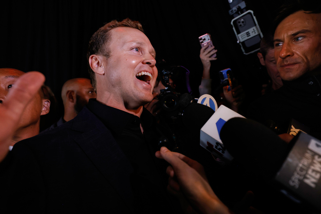 Spencer Pratt, a candidate in the Los Angeles mayoral race, fields interviews during an election night event Tuesday, June 2, 2026, in Los Angeles. 