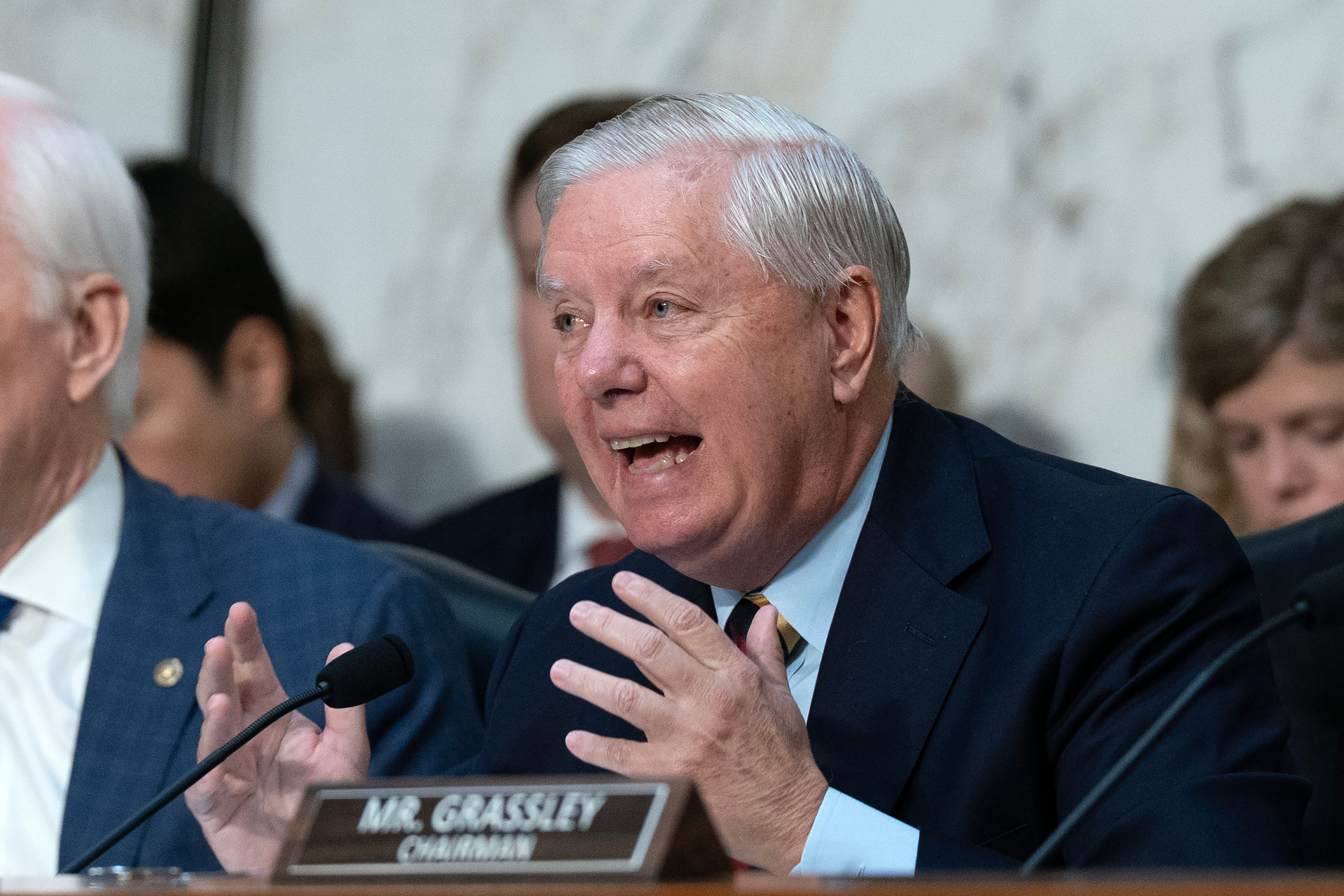 Sen. Lindsey Graham, R-S.C., questions Attorney General Pam Bondi as she testifies before a Senate Judiciary Committee oversight hearing on Capitol Hill in Washington, Tuesday, Oct. 7, 2025. 