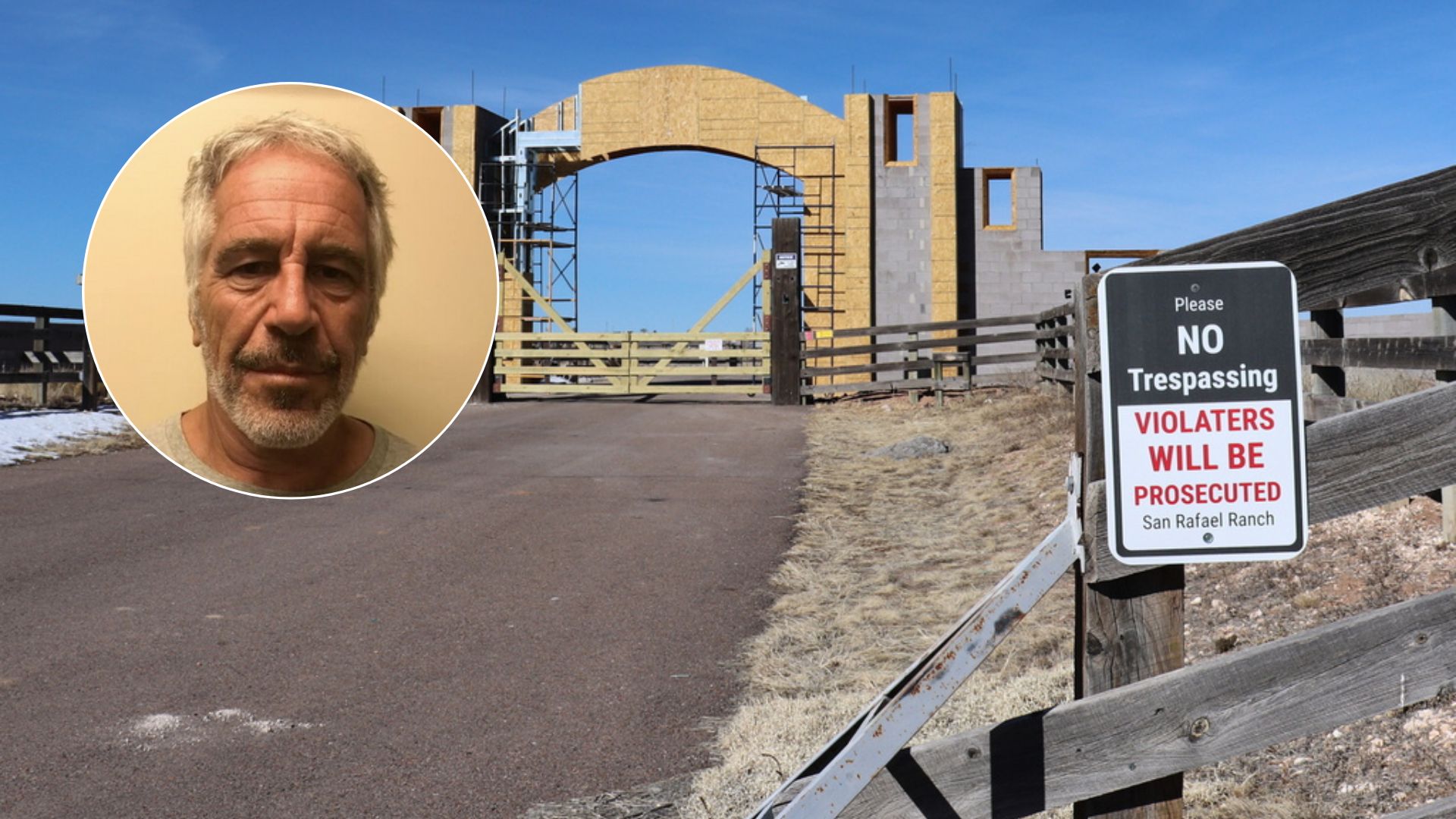 This combination of images shows convicted sex offender Jeffrey Epstein and the entrance of the San Rafael Ranch, which was previously owned by Epstein and called the Zorro Ranch.