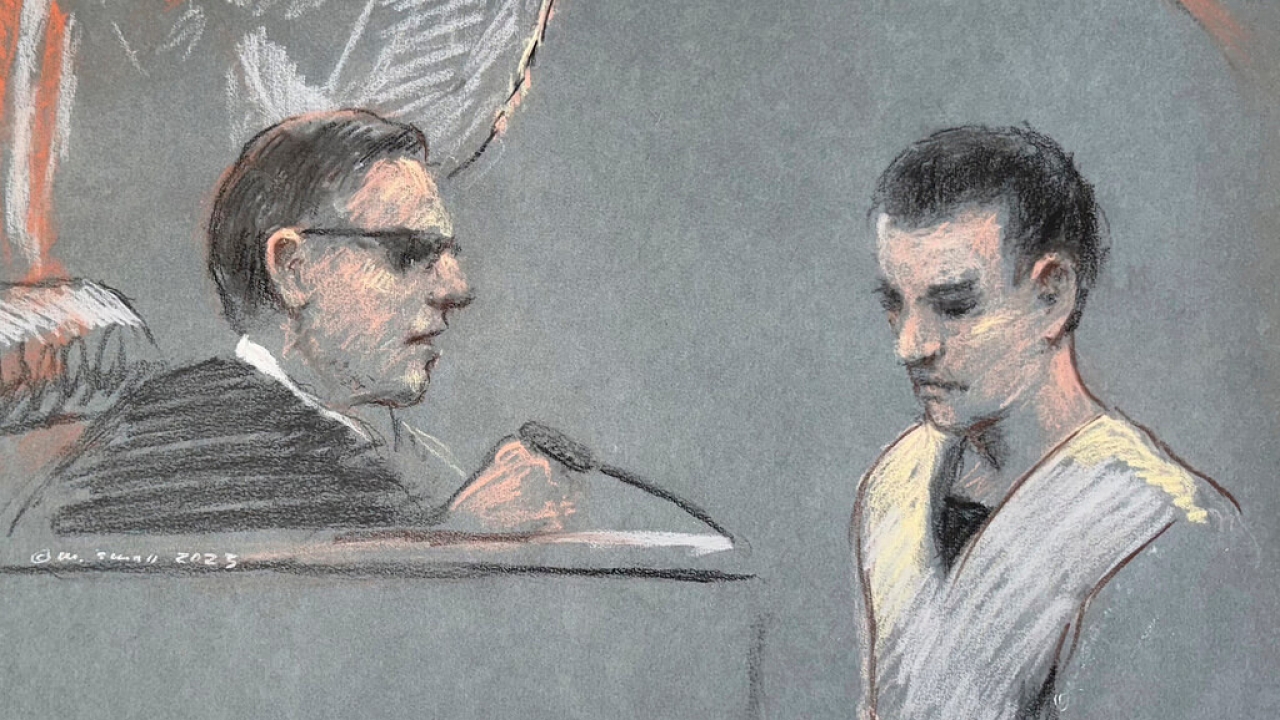 An artist depiction shows Massachusetts Air National Guardsman Jack Teixeira, right, appearing in U.S. District Court