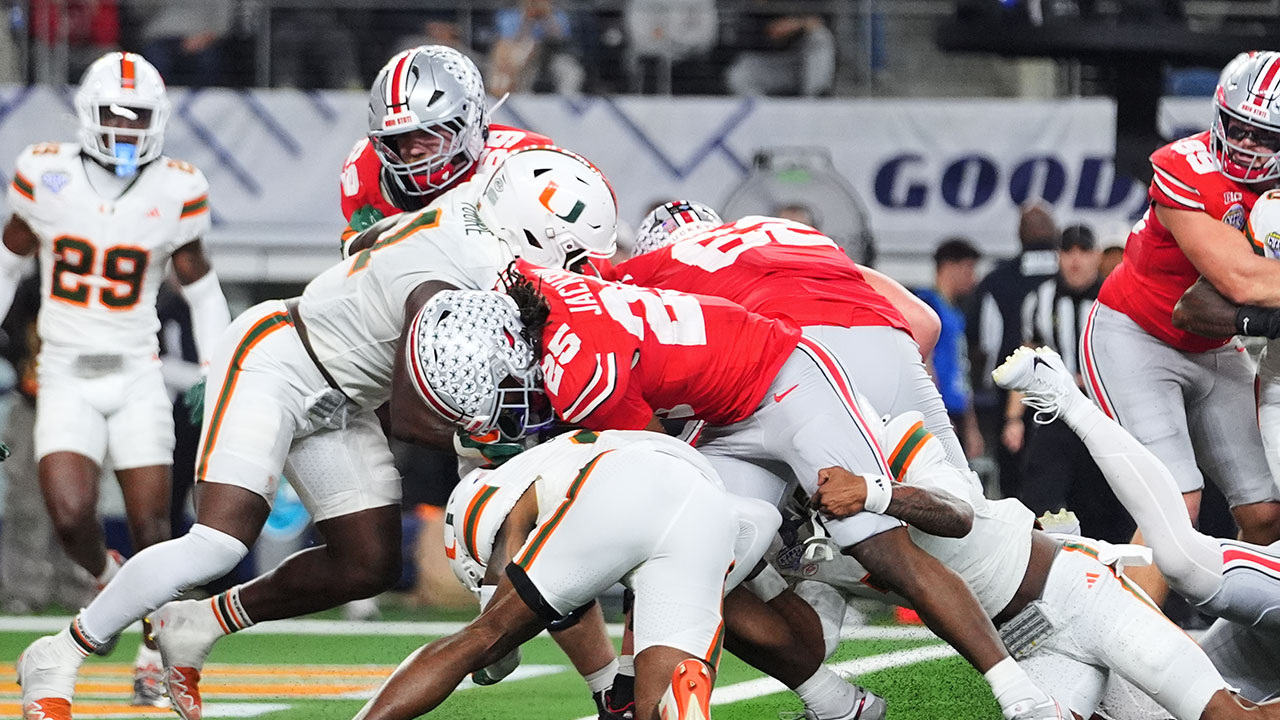 Ohio State running back Bo Jackson, center, rushes the ball for a touchdown against Miami during the second half of the Cotton Bowl College Football Playoff quarterfinal game Wednesday, Dec. 31, 2025, in Arlington, Texas.