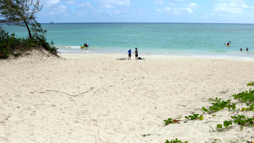 In this May 15, 2019, photo, people stand near the ocean at Kailua Beach Park in Kailua, Hawaii. In Kailua, the sand is soft and white, the water is clear and calm, and the view is exactly what you might expect from a beach in the Hawaiian Islands. Those are among the reasons the beach has been selected as the best stretch of sand on an annual list of top U.S. beaches. Stephen Leatherman, a coastal scientist and professor at Florida International University, has been drafting the list under the alias "Dr. Beach" since 1991. (AP Photo/Caleb Jones)