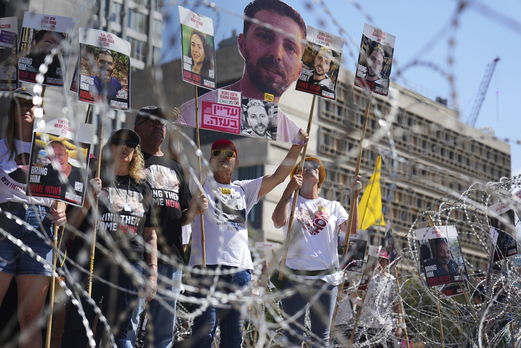 Families of hostages protest, demanding the release from Hamas captivity in the Gaza Strip, at the plaza known as the hostages square in Tel Aviv, Israel.