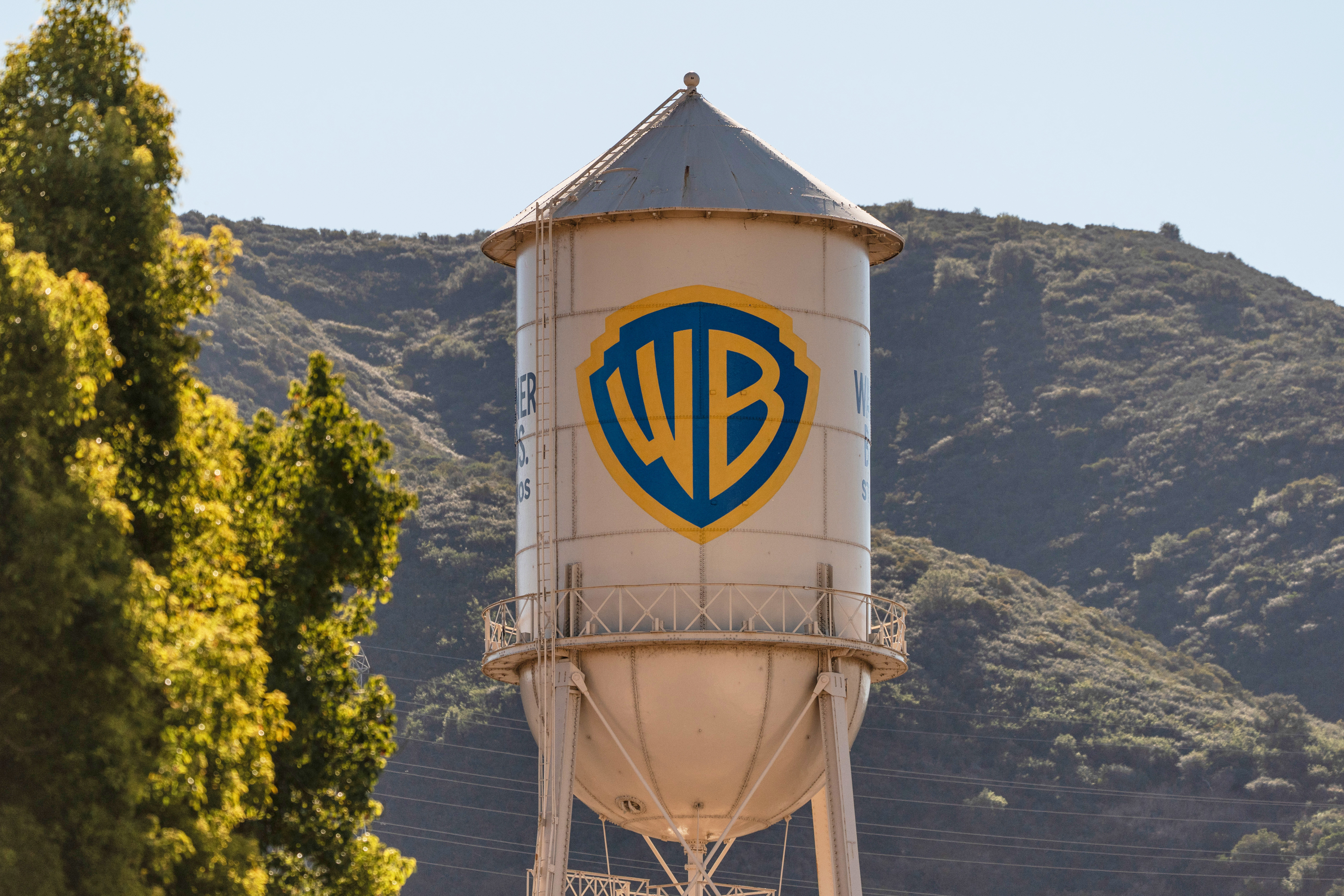 FILE - The Warner Bros. water tower appears at Warner Bros. Studios in Burbank, Calif., on Dec. 5, 2025.