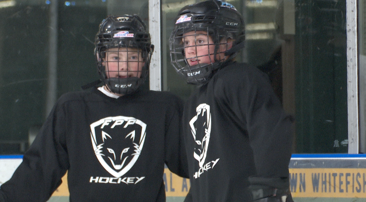Myles Ridgway (right) at FPP hockey practice, Monday, April 27, 2026