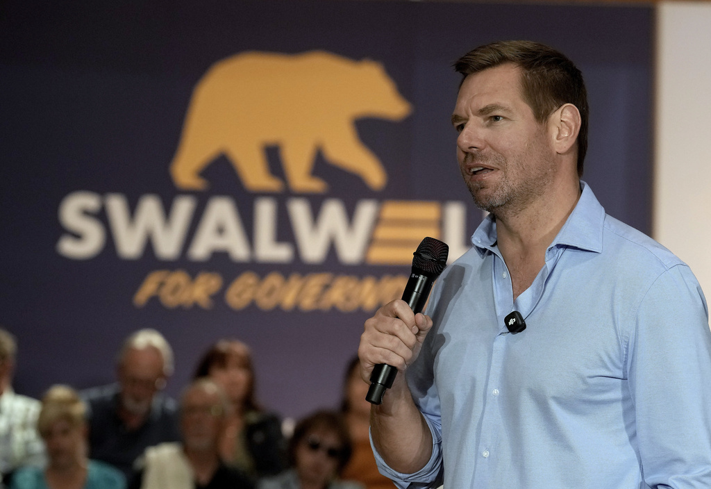 California gubernatorial candidate, Rep. Eric Swalwell, D-CA appears at a town hall meeting in Sacramento, Calif., Tuesday, April 7, 2026. 
