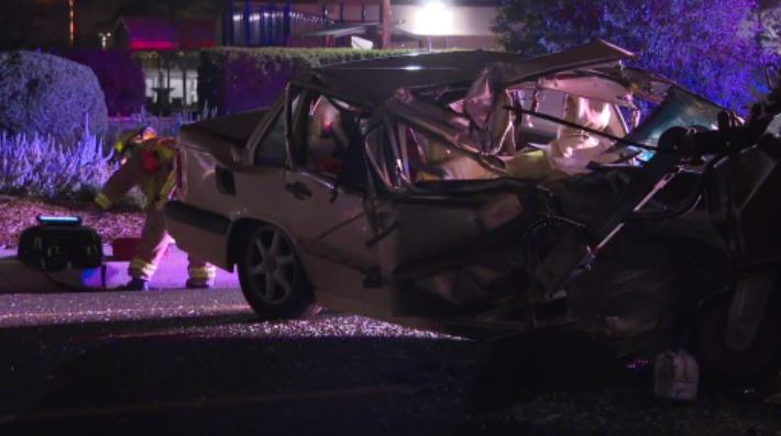 Car destroyed after hitting construction equipment overnight