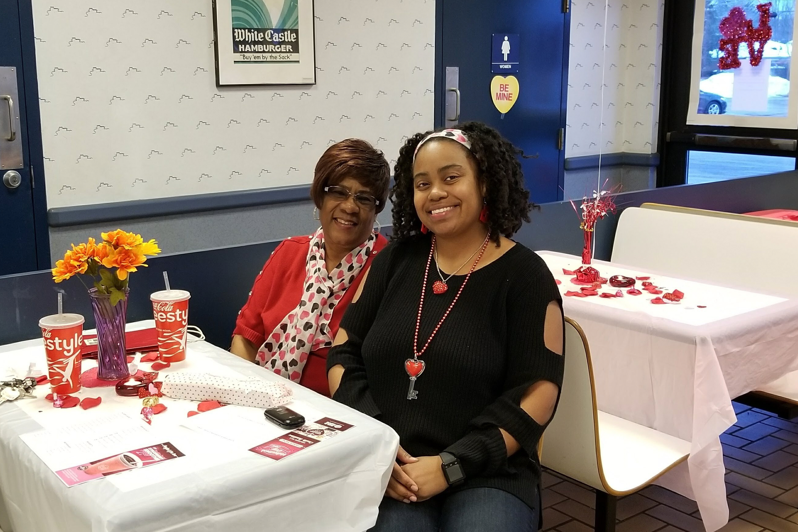 In this undated photo, Krystal Gray, 43, of Detroit, and her mother, Cornelia Murphy, celebrate Valentine's Day inside a Detroit-area White Castle.  