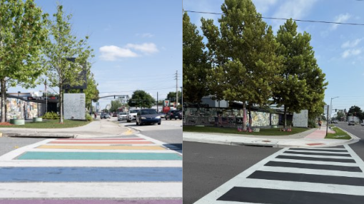 This combination of photos shows the before and after of a crosswalk dedicated to the victims of the 2016 mass shooting at Pulse nightclub in Orlando, Florida.