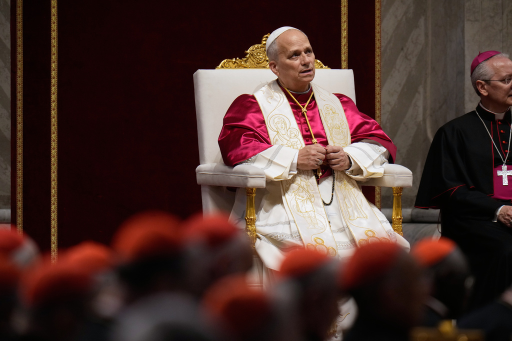Pope Leo XIV leads a vigil for peace inside St. Peter's Basilica at the Vatican, Saturday, April 11, 2026. (