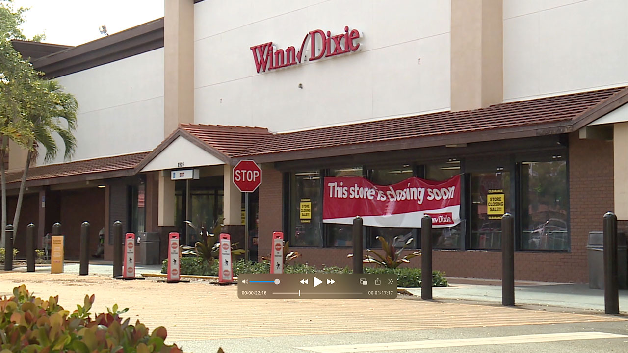 A "closing soon" sign was posted outside a Winn-Dixie grocery store in Palm Beach Gardens on April 1, 2026, just weeks before it was scheduled to shut down.