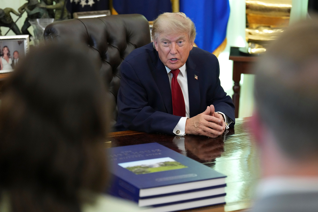 President Donald Trump speaks with reporters in the Oval Office of the White House, Monday, June 29, 2026, in Washington. 