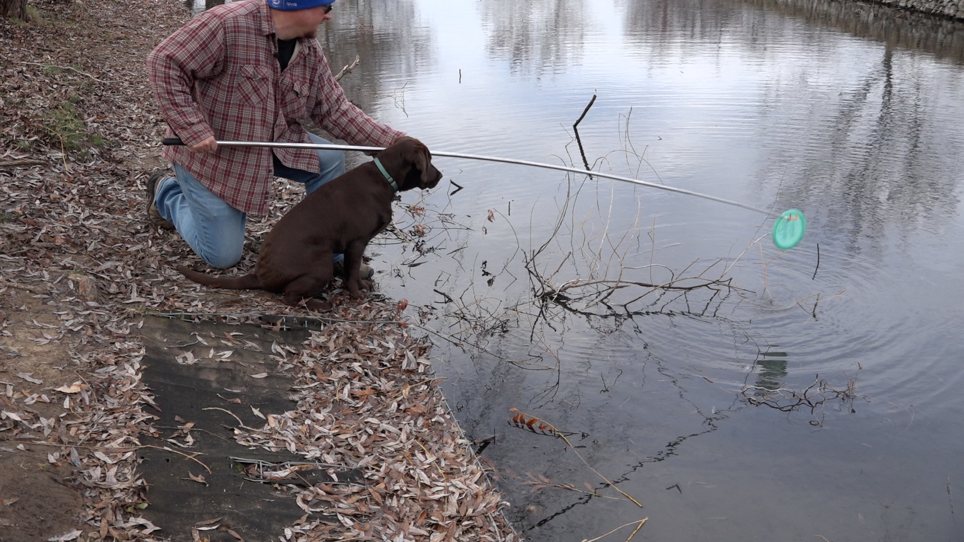 Fishing my disc out of the water with a disc retriever I bought at McU Sports