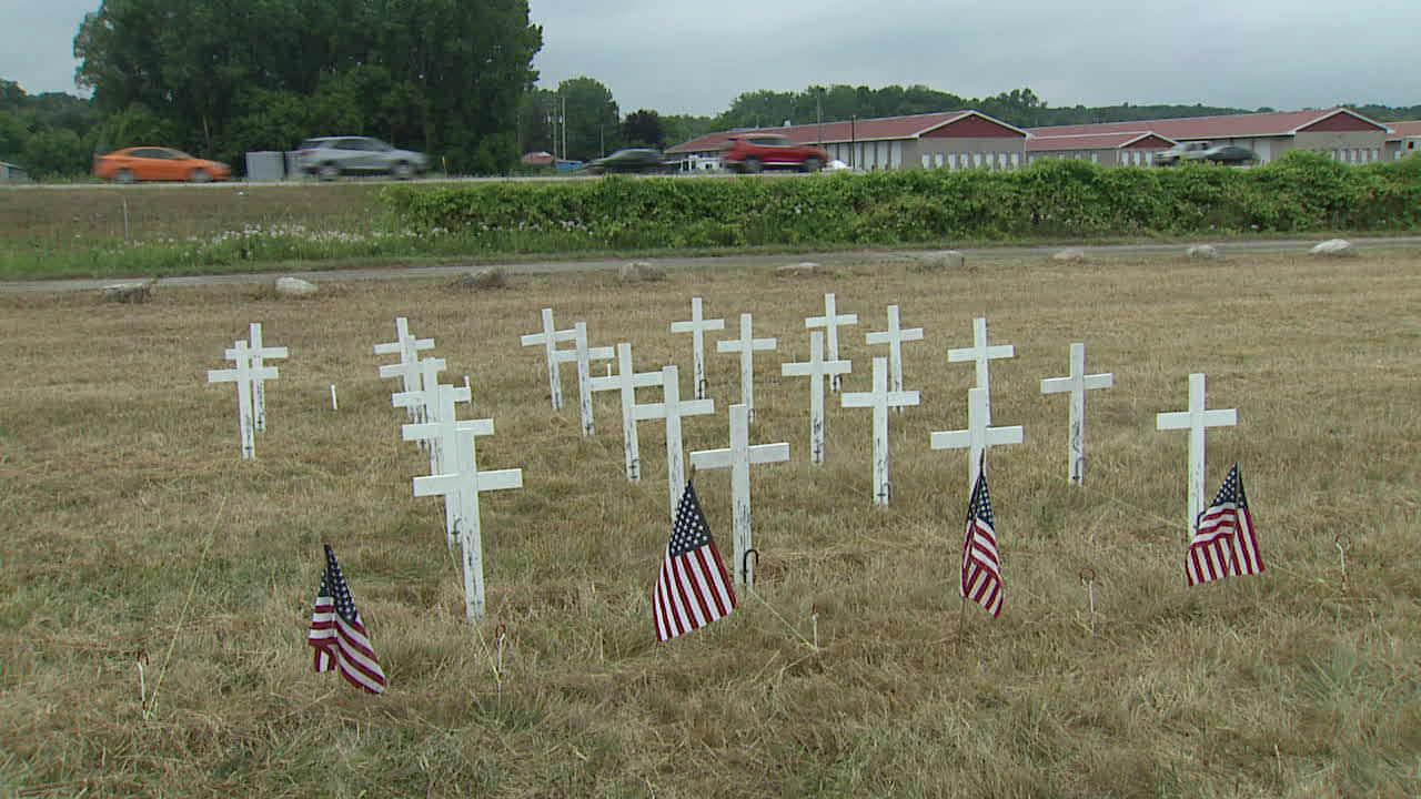Crosses honoring the 22 veterans who die by suicide each day in the US