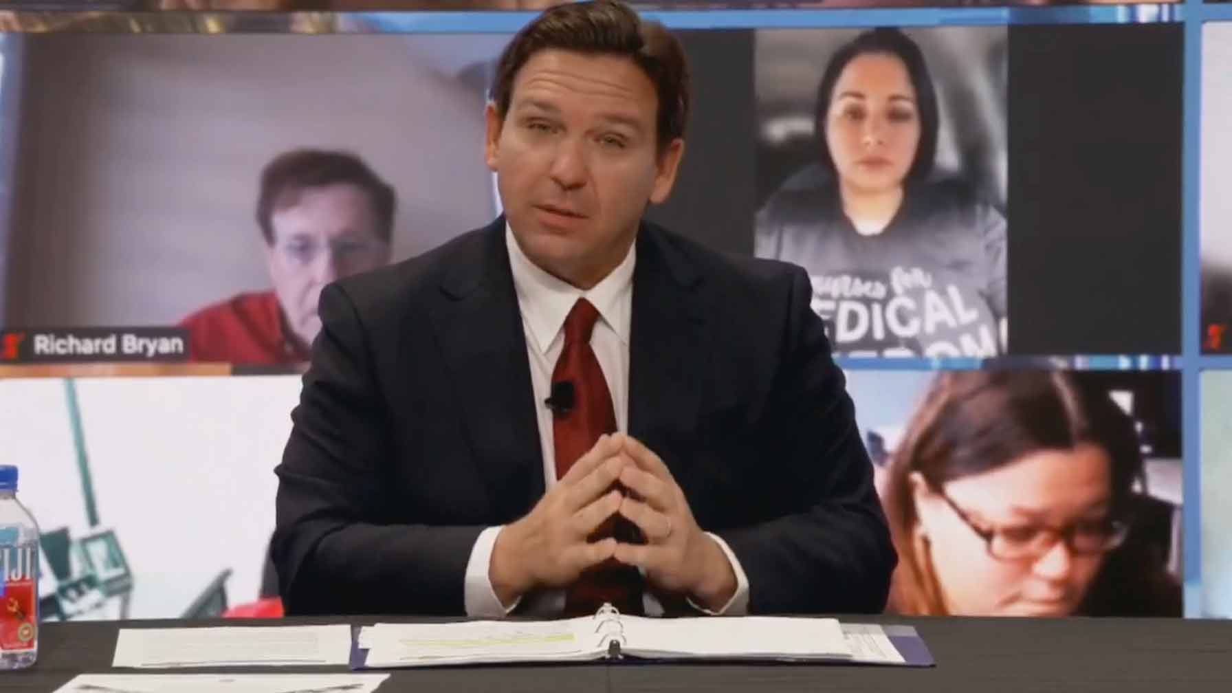 Gov. Ron DeSantis speaks during a roundtable discussion in West Palm Beach, Fla., with Surgeon General Dr. Joseph Ladapo to discuss what he calls "accountability" on COVID-19 vaccines on Dec. 13, 2022.