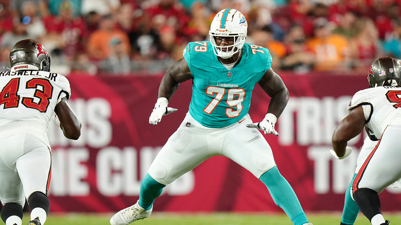 Miami Dolphins offensive tackle Bayron Matos (79) protects the passer during a preseason NFL football game against the Tampa Bay Buccaneers, Friday, Aug. 23, 2024, in Tampa, Fla. (AP Photo/Peter Joneleit, File)