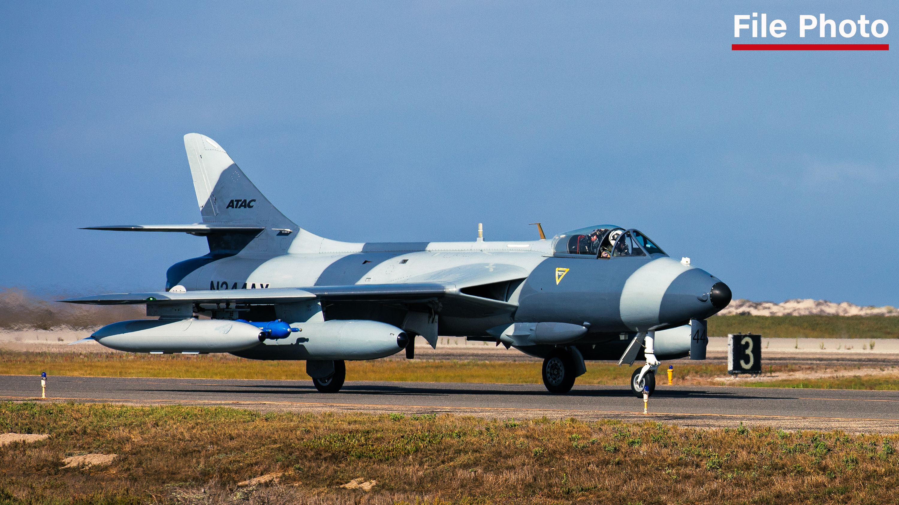 An MK-58 Hawker Hunter attached to Airborne Tactical Advantage Company taxis at Naval Air Station Point Mugu, California, September 10, 2025.