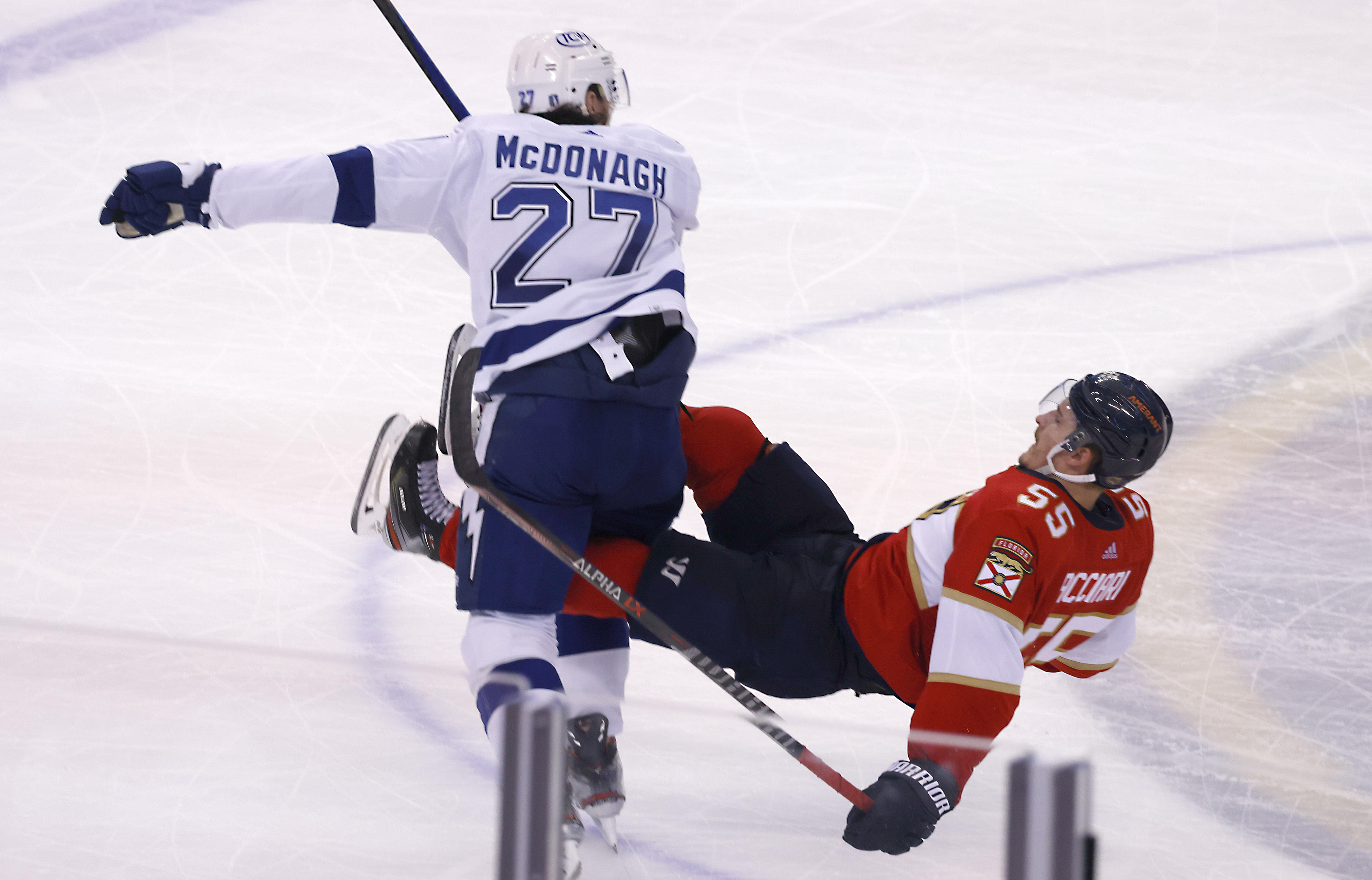 Tampa Bay Lightning defenseman Ryan McDonagh interferes with Florida Panthers center Noel Acciari, May 17, 2022