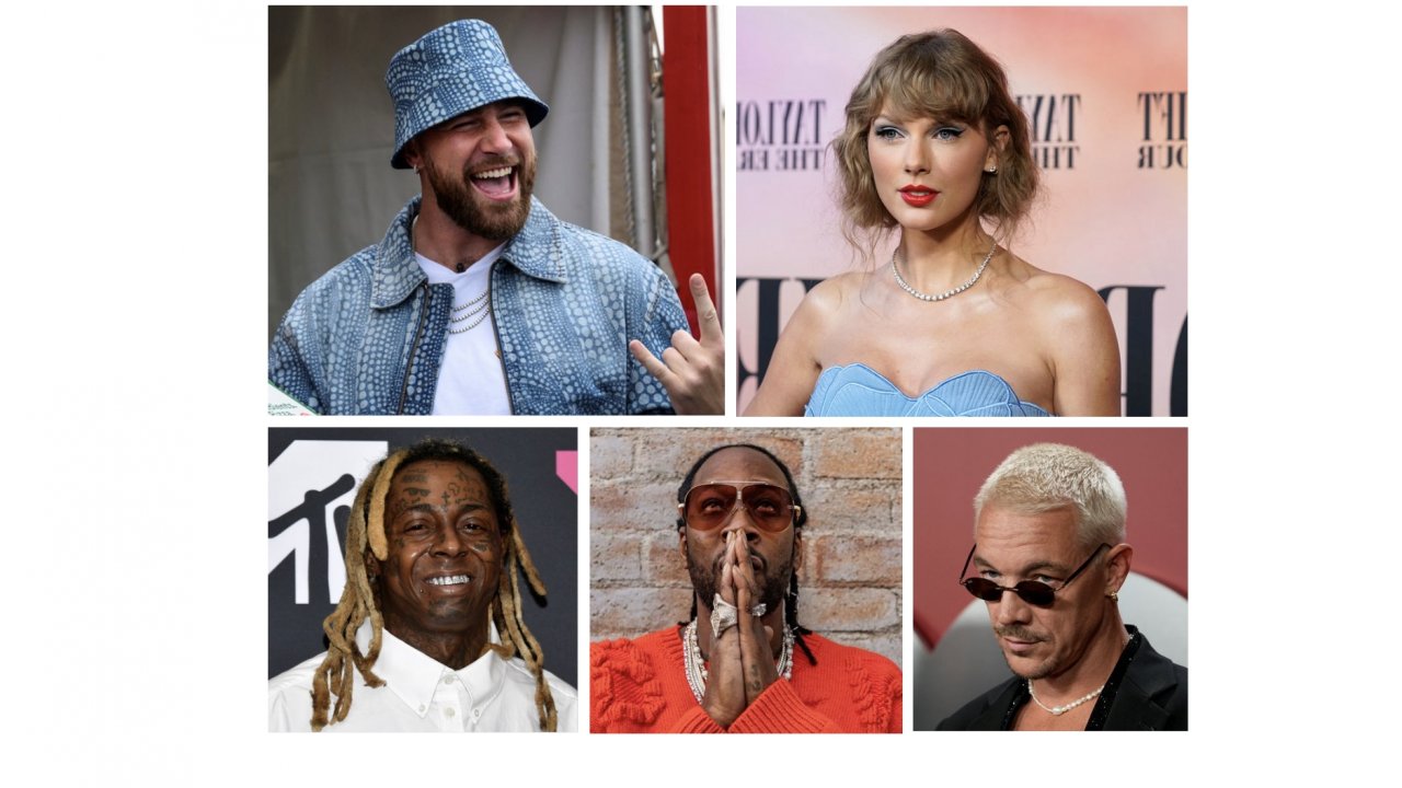 Combination photo shows from top left clockwise, Travis Kelce, Taylor Swift, Diplo, 2 Chainz, and Lil Wayne.