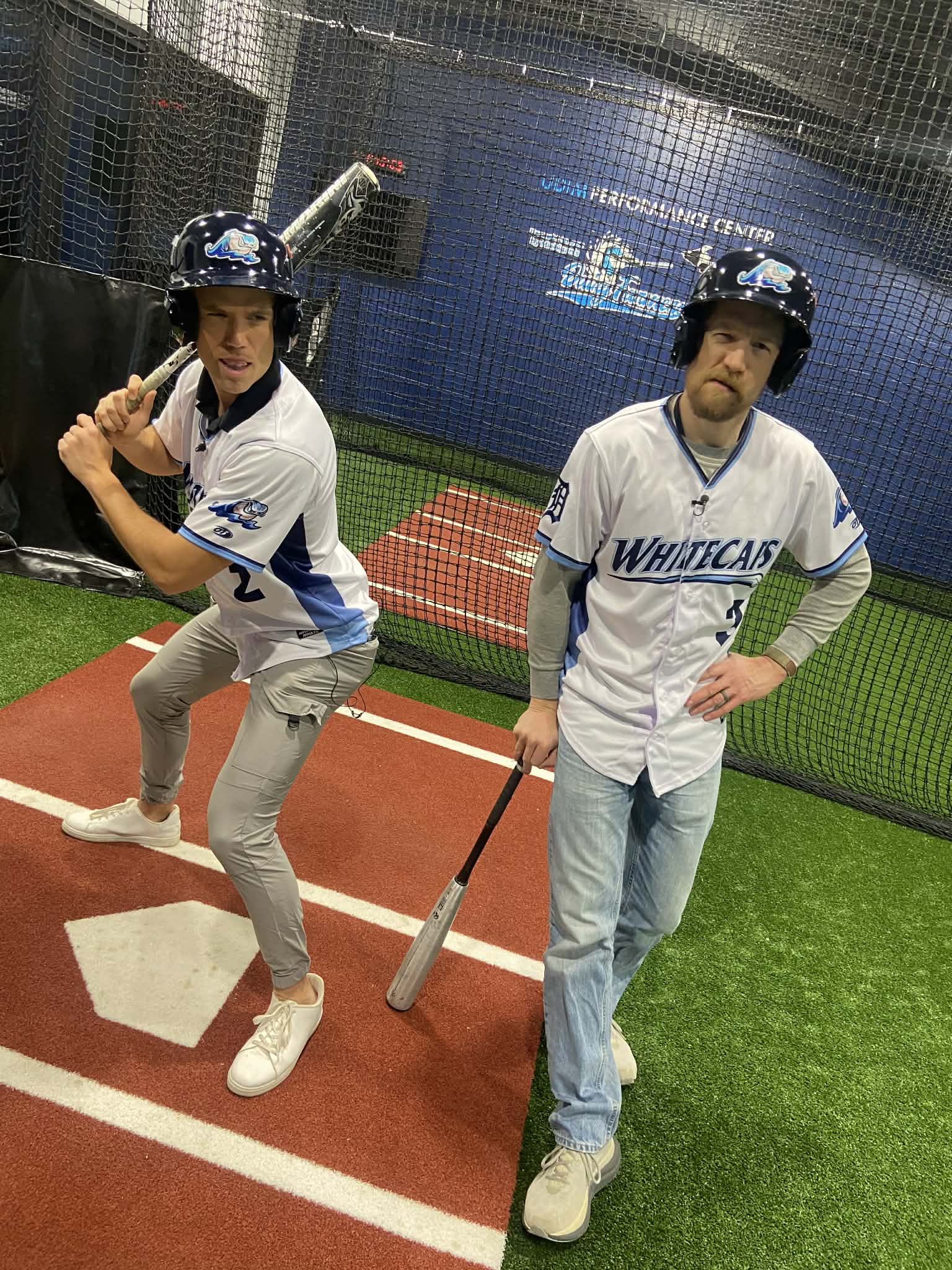 Andy and Elliot suit up at the Whitecaps' batting cages 