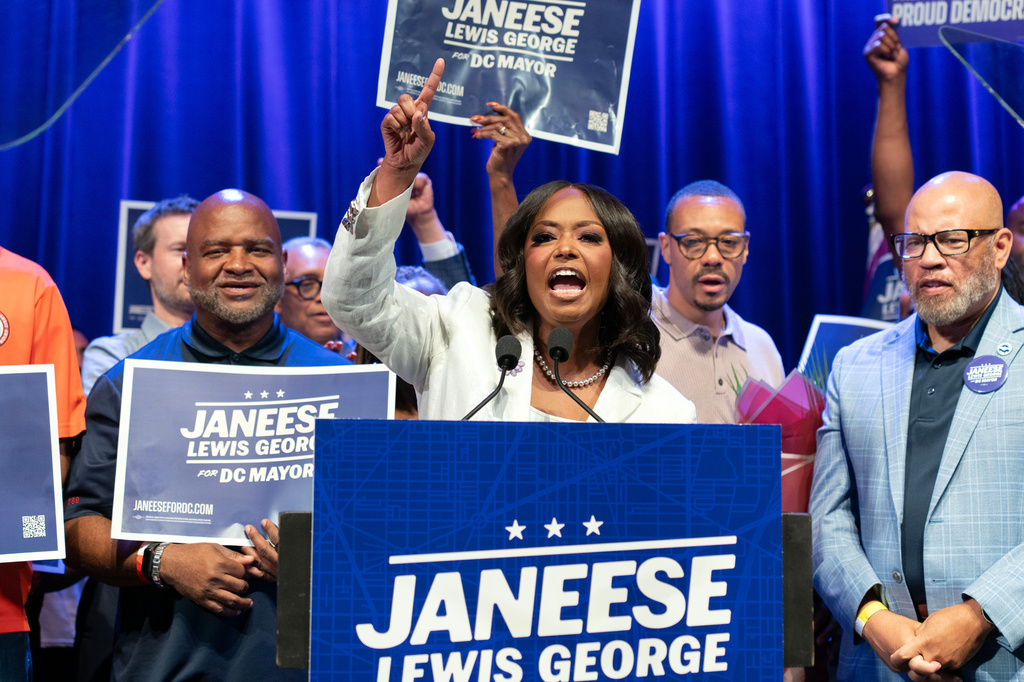 D.C. Council member Janeese Lewis George speaks to the crowd after winning D.C. Mayor primary election during an  election night party at the Howard Theatre Tuesday, June 16, 2026, in Washington. 