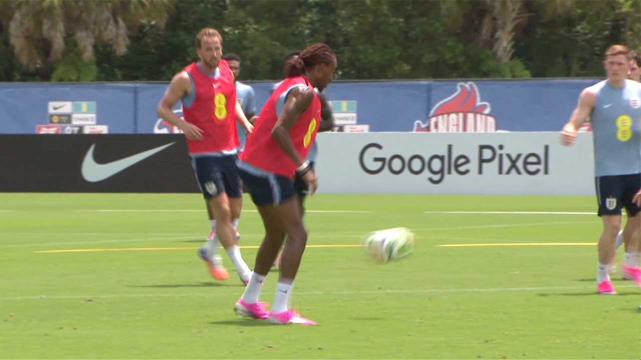 Members of the England national football club practice during a training session in Palm Beach Gardens, Fla., Tuesday, June 2, 2026, ahead of the World Cup soccer tournament.