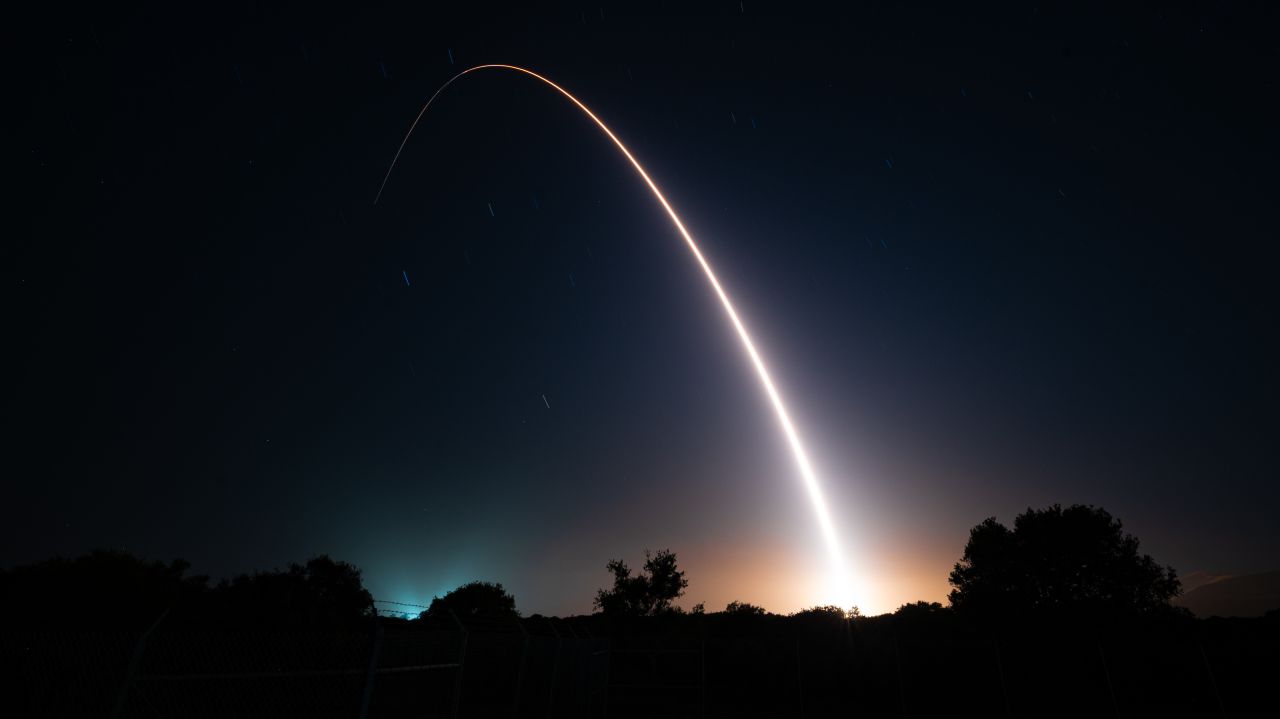 An unarmed Minuteman III Intercontinental Ballistic Missile launches during an operational test on May 21, 2025, at Vandenberg Space Force Base, California