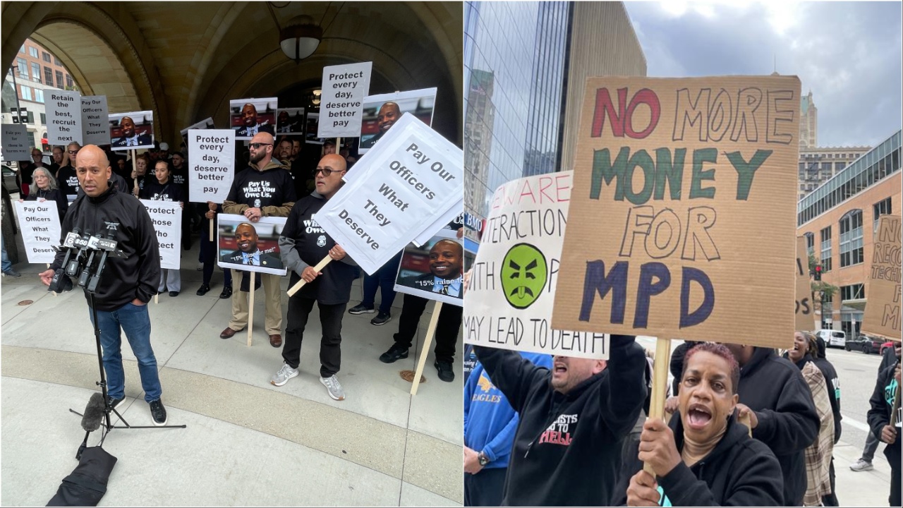 Two groups clash at Milwaukee City Hall over police pay and National Guard deployment