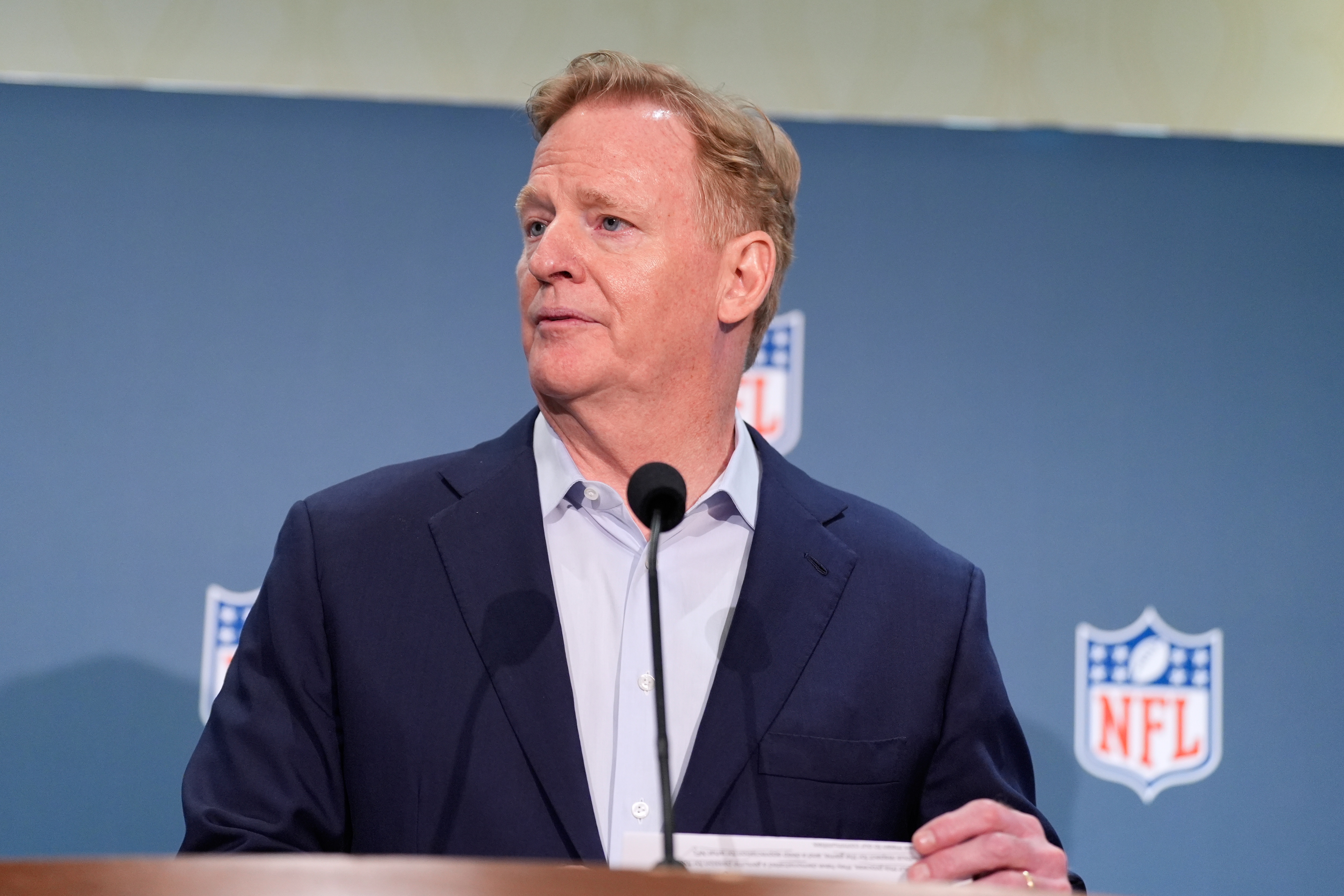 NFL commissioner Roger Goodell, speaks during a news conference at an NFL football owners meeting on Wednesday, Aug. 26, 2026, in Atlanta.