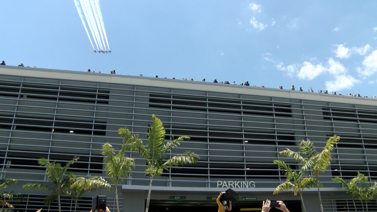 The Blue Angels fly over Boca Raton Medical Center on May 8, 2020.