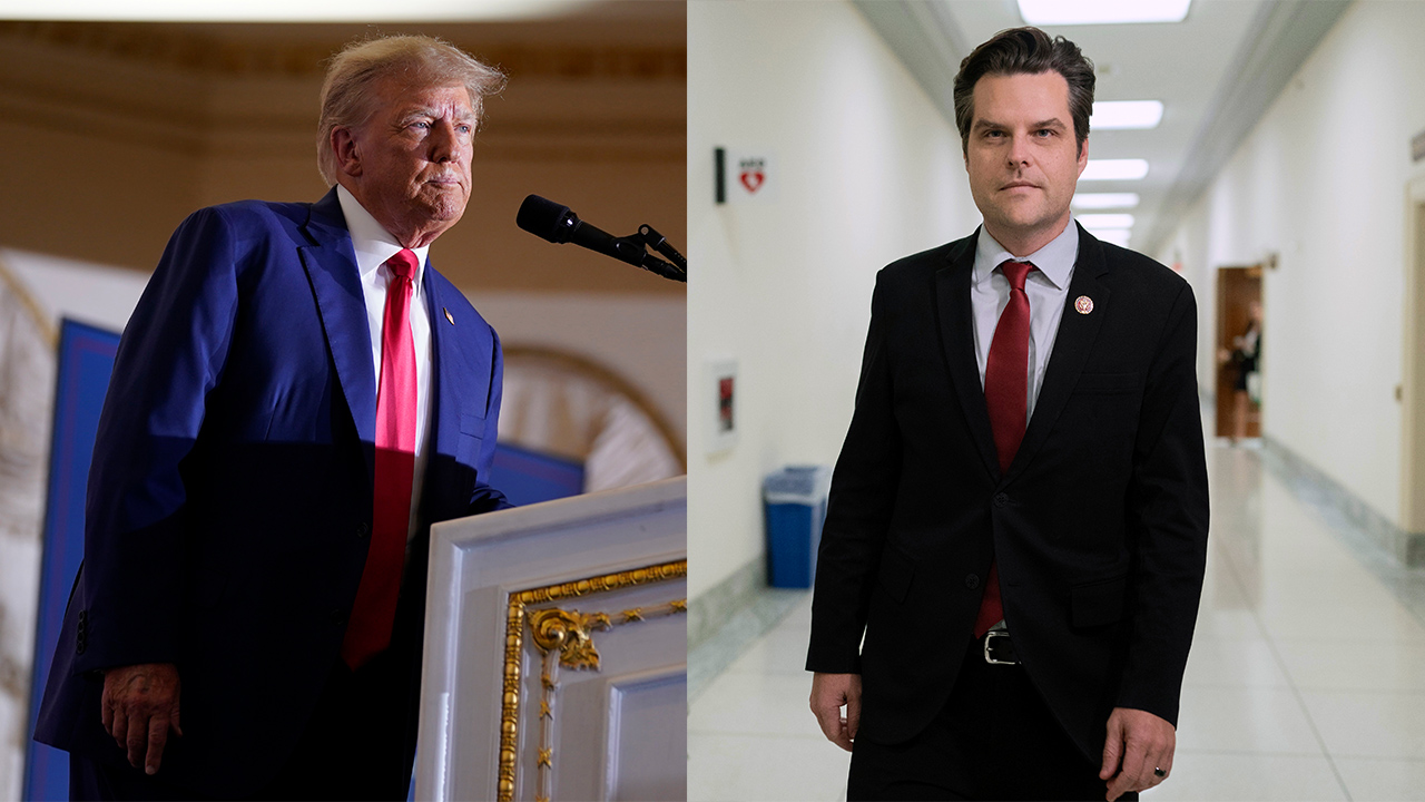Donald Trump and Matt Gaetz split screen preview of event at Palm Beach County Convention Center, Oct. 11, 2023