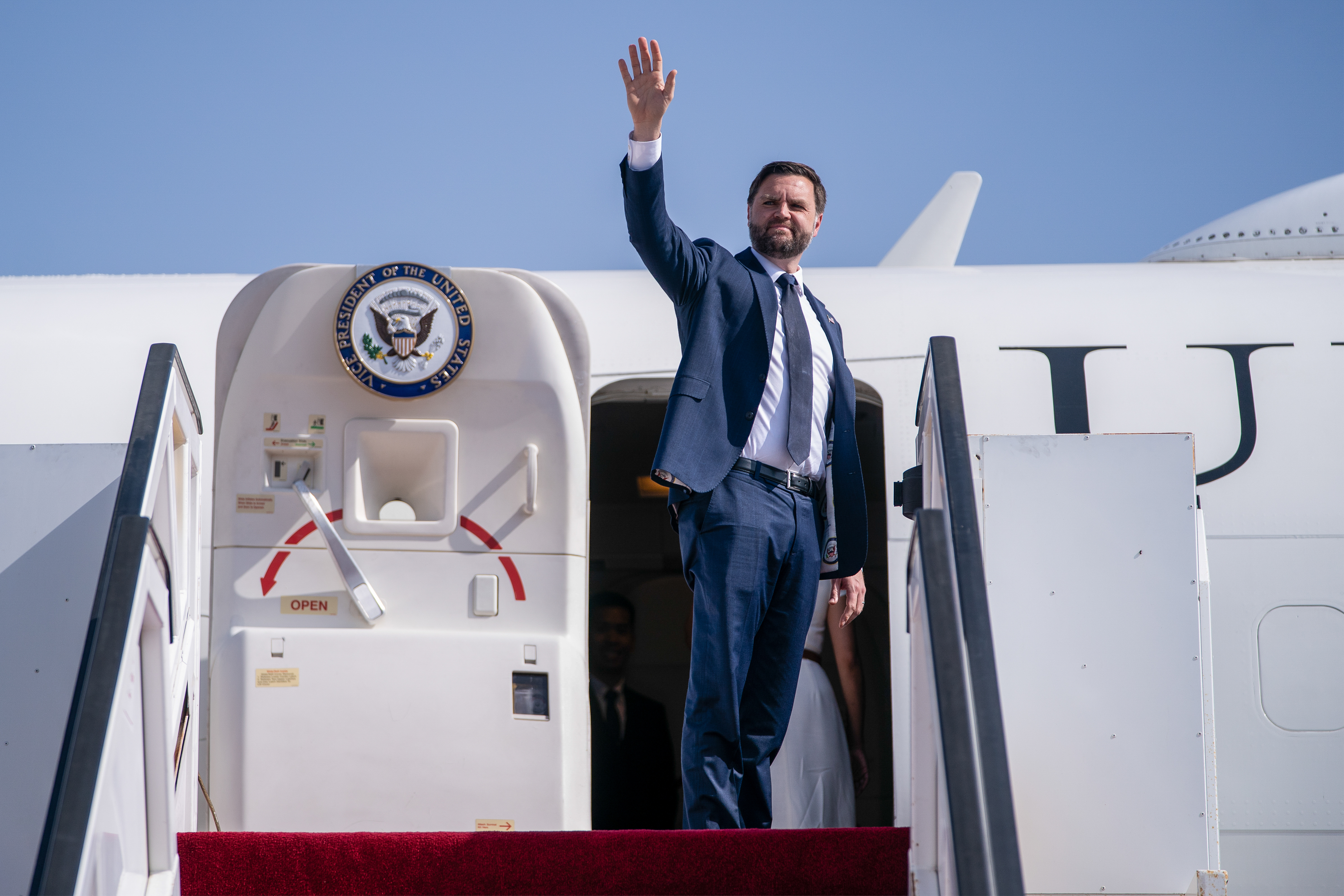 U.S. Vice President J.D. Vance boards Air Force Two en route to Washington, D.C., at Ben Gurion Airport in Tel Aviv, Israel, Thursday, Oct. 23, 2025. 