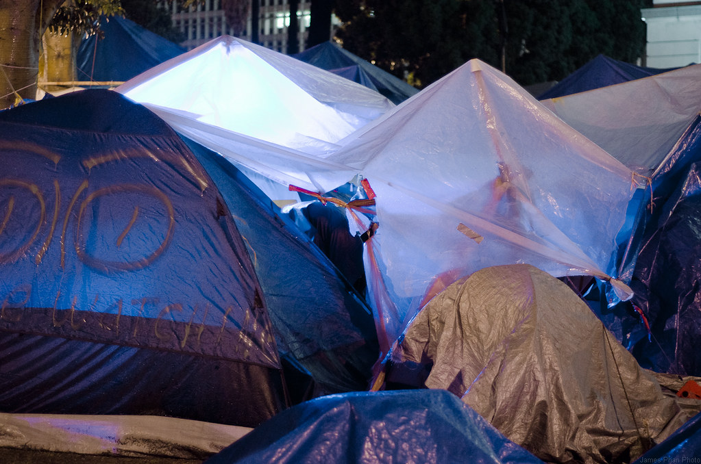 Homeless people living in tents in Los Angeles.