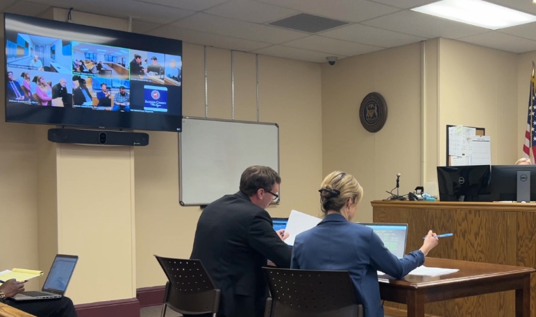 Courtroom during Leonard Hugall's video arraignment