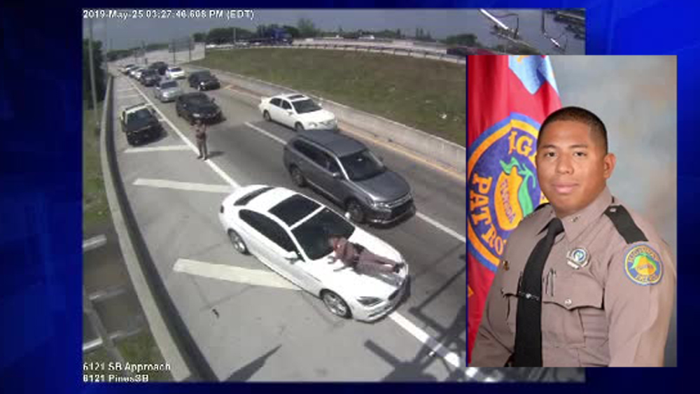 Video shows Florida Trooper Arsenio Caballero hit by a vehicle on the Florida Turnpike in Broward County on May 25.