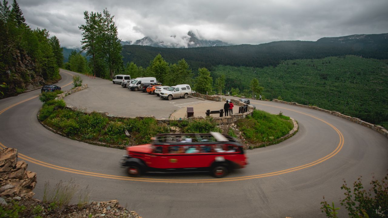 Historic red bus at The Loop along Going-to-the-Sun Road.
