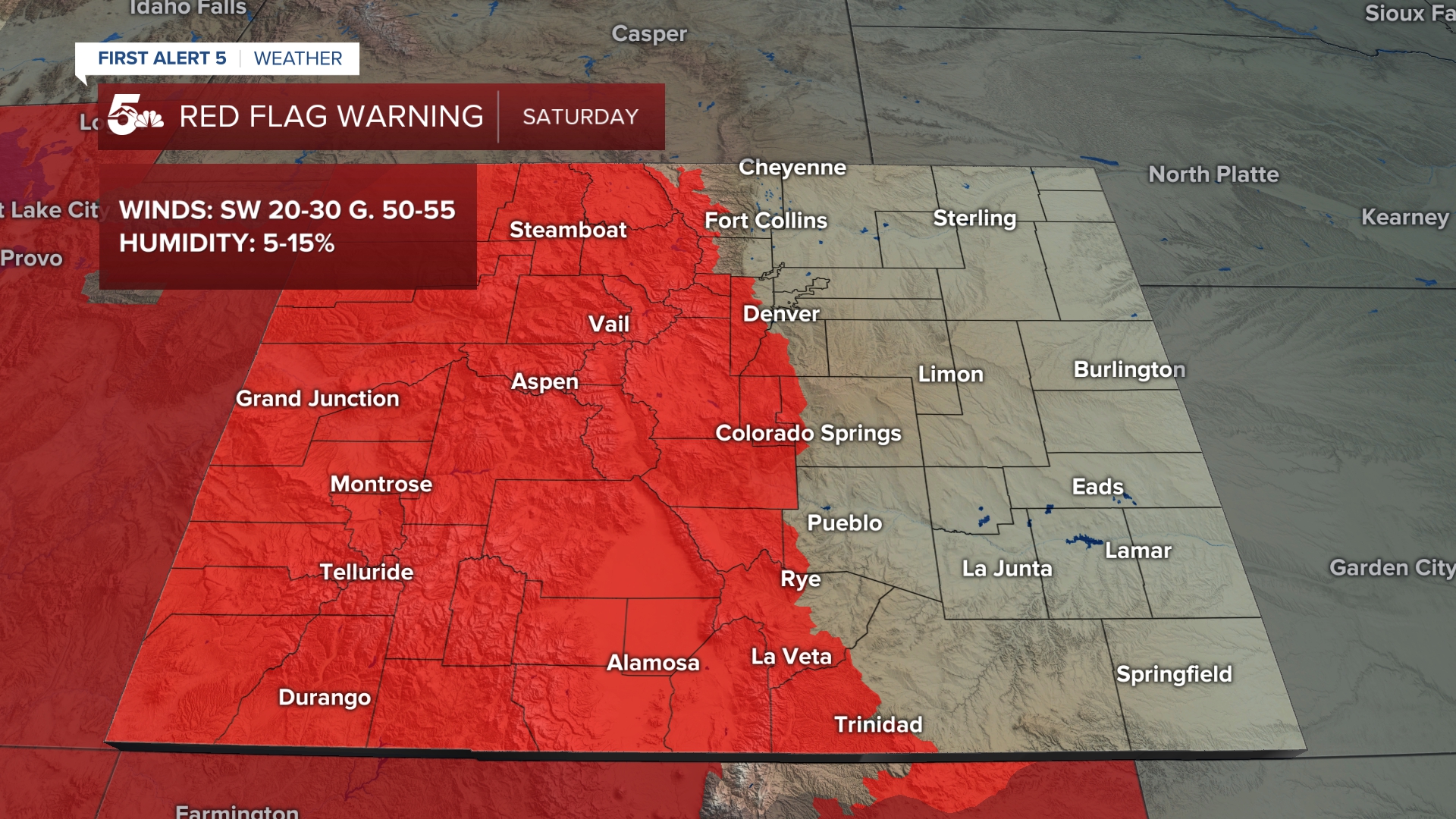Red Flag Warnings will be in effect for much of Colorado west of I-25 on Saturday