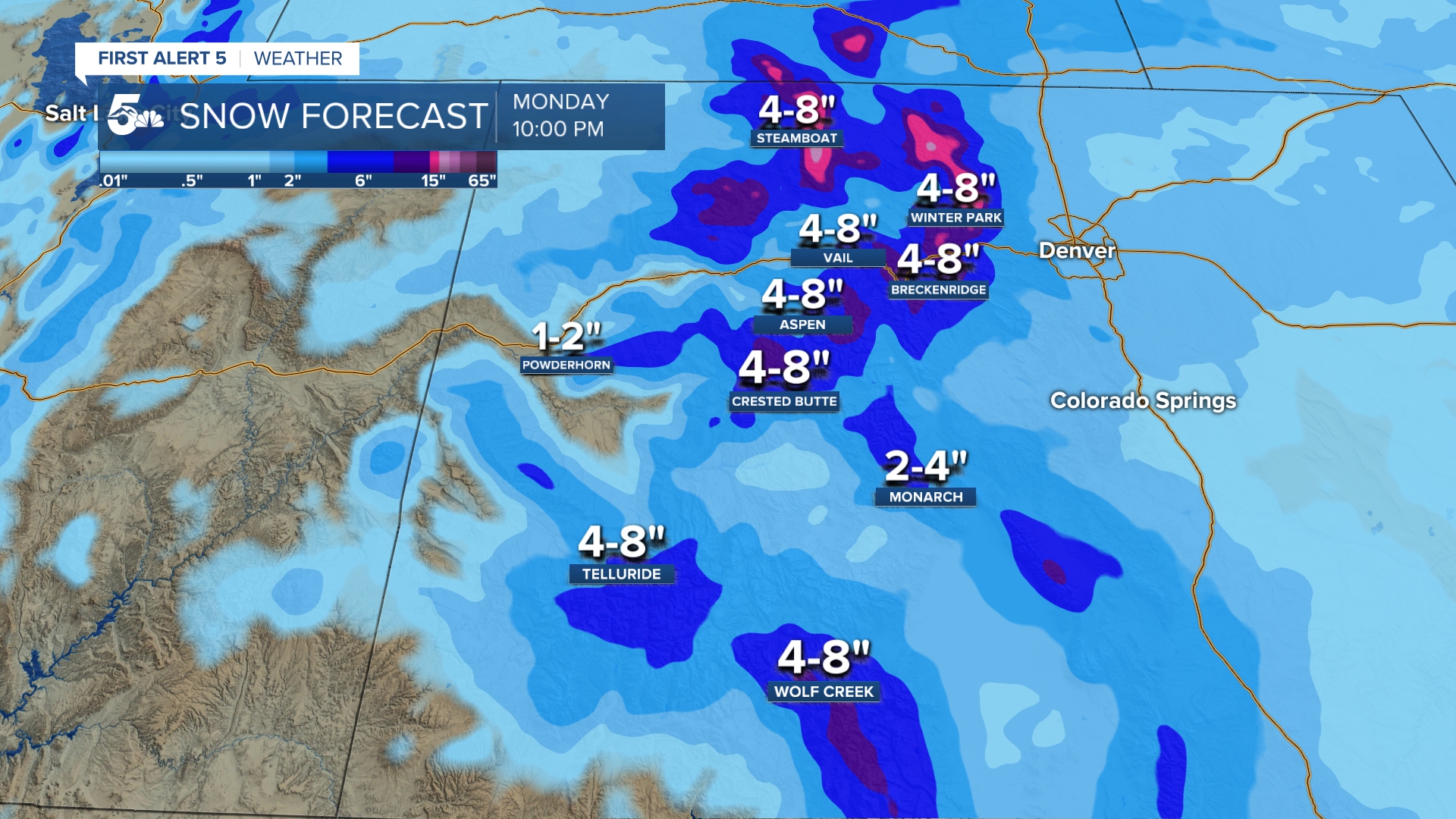 National Blend of Models snow accumulations through Monday evening at Colorado ski resorts