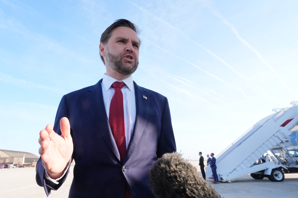 Vice President JD Vance speaks to the press before boarding Air Force Two, Friday, April 10, 2026, at Joint Base Andrews, Md., for expected departure to Pakistan, for talks on Iran. 