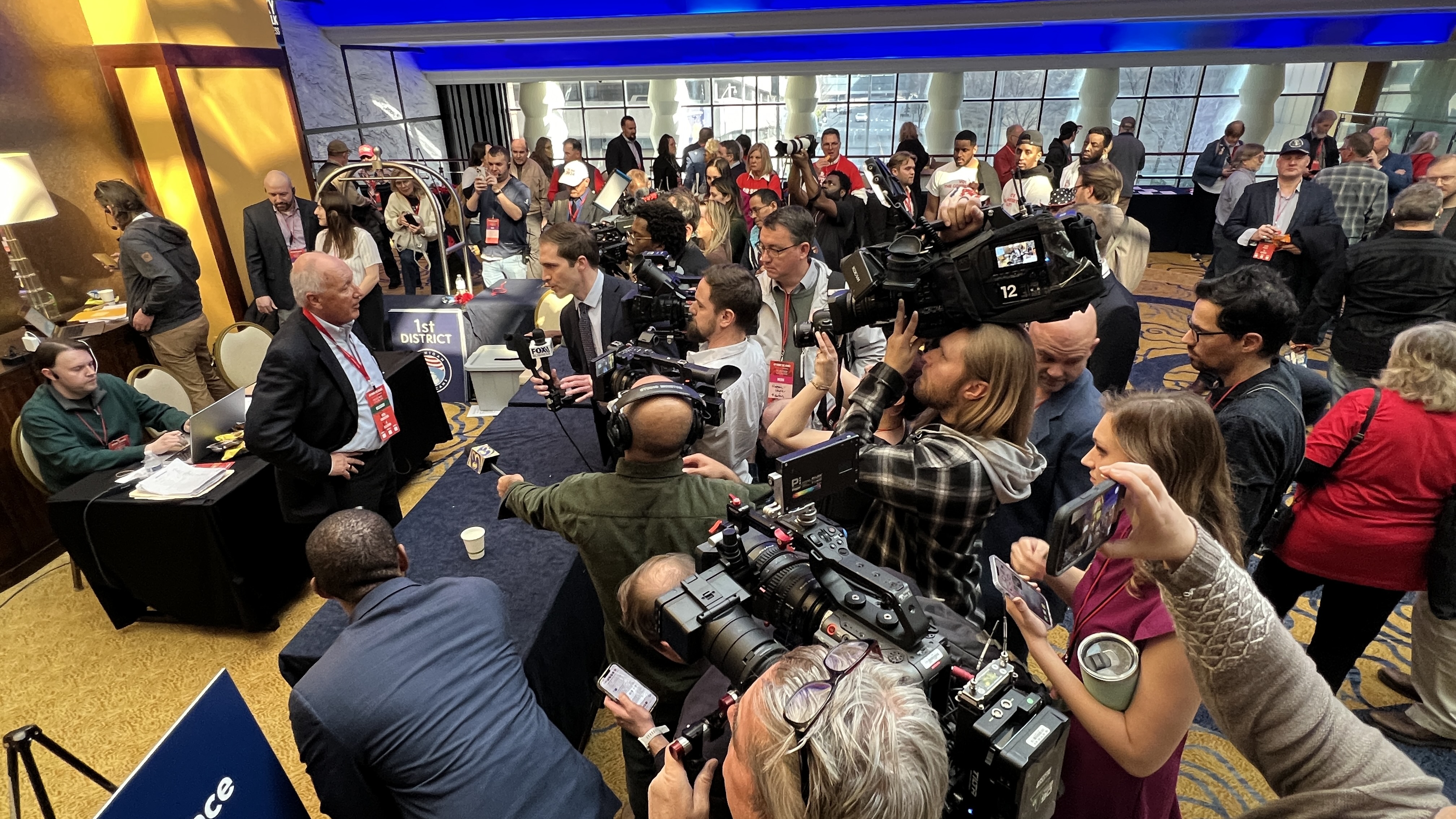 MIGOP Chair Pete Hoekstra talks to reporters at MIGOP Primary Caucus Convention