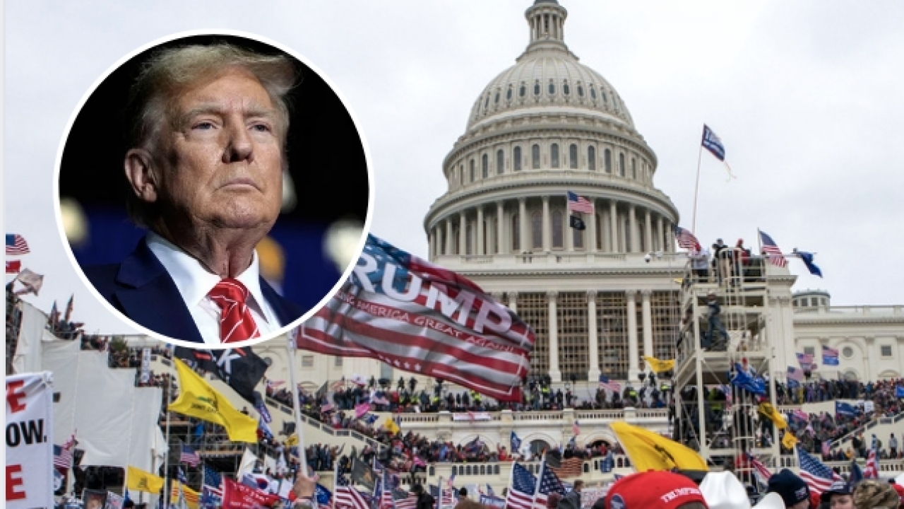 This combination photo shows Former President Donald Trump and a crowd at the Capitol protesting the 2020 election results.