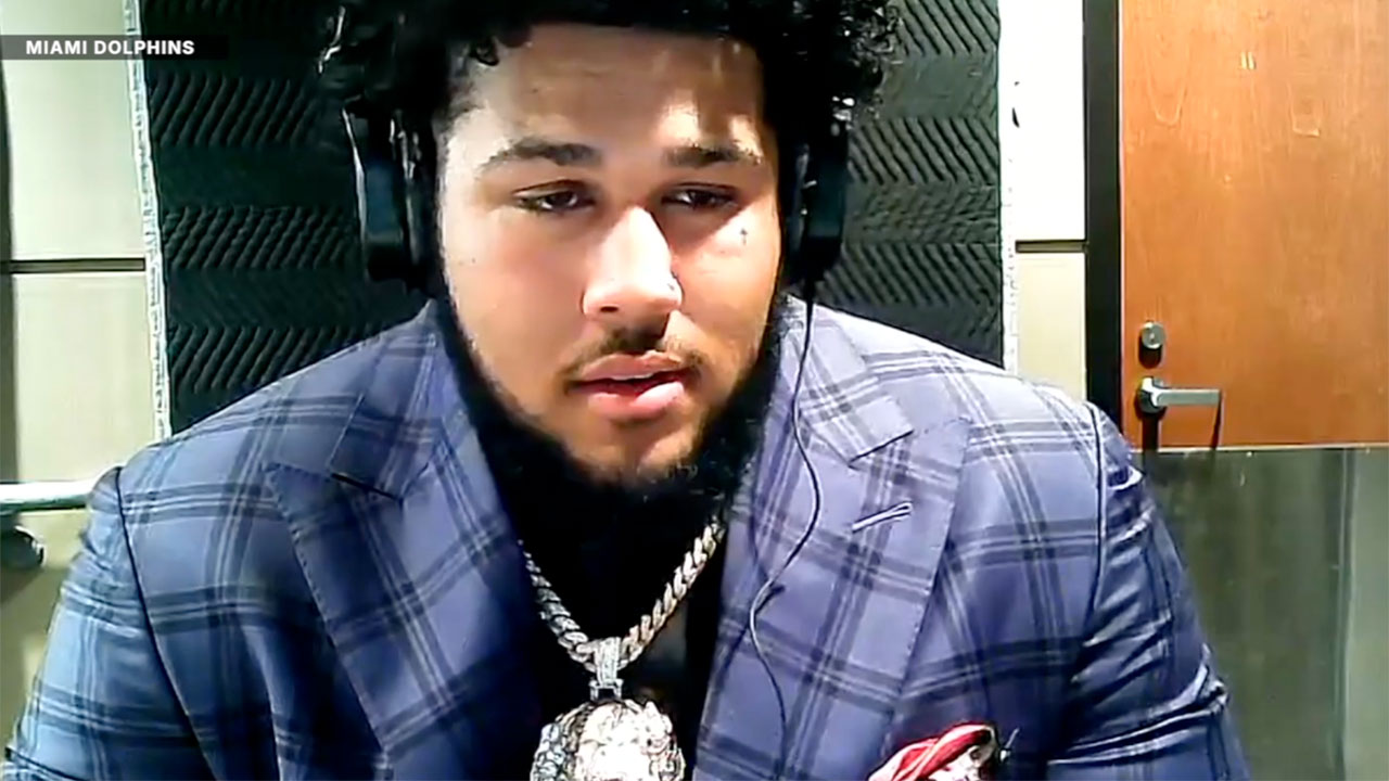 Offensive tackle Kadyn Proctor speaks to the media after he was selected by the Miami Dolphins with the 12th overall pick in the NFL draft on April 23, 2026.