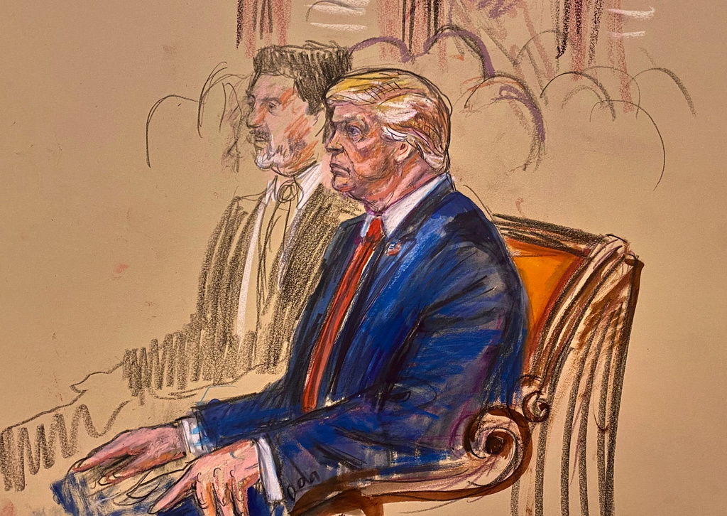 This courtroom sketch depicts President Donald Trump seated in the U.S. Supreme Court gallery, Wednesday, April 1, 2026, in Washington.