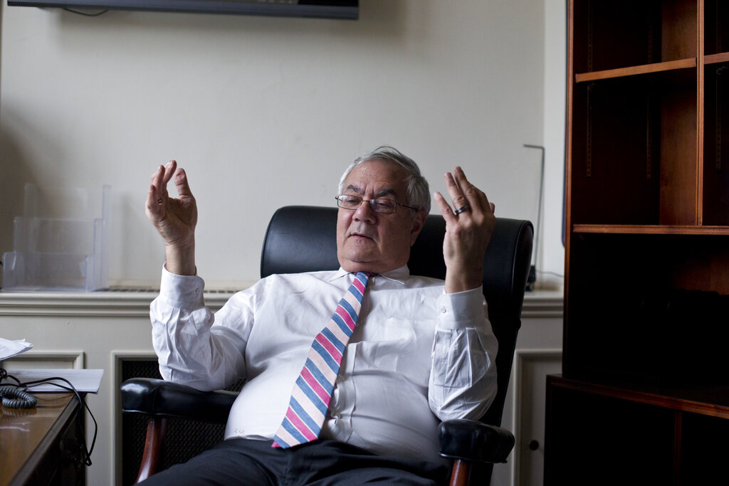 This photo taken Dec. 12, 2012 shows Rep. Barney Frank, D-Mass., the nation's most prominent gay politicians, speaks about his impending retirement during an interview with The Associated Press on Capitol Hill in Washington. 