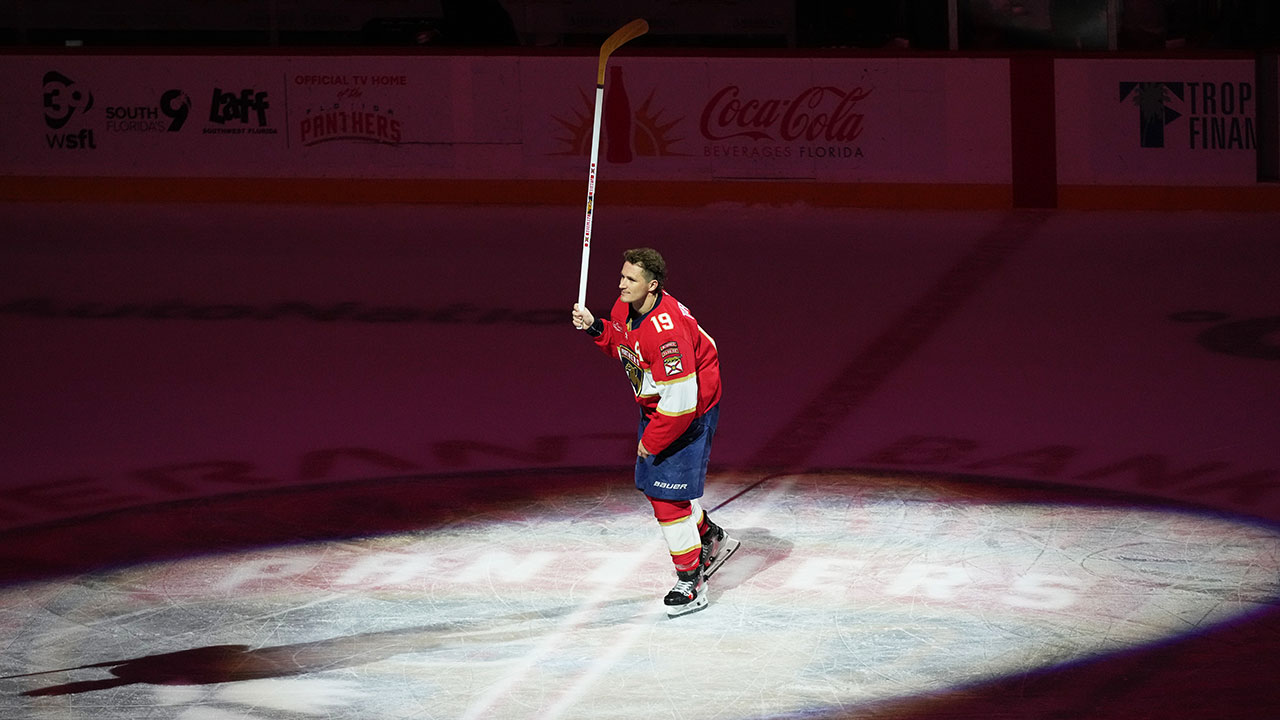 Florida Panthers left wing Matthew Tkachuk skates on the ice after being named the first star of the game after an NHL hockey game against the Ottawa Senators, Tuesday, March 31, 2026, in Sunrise, Fla. 