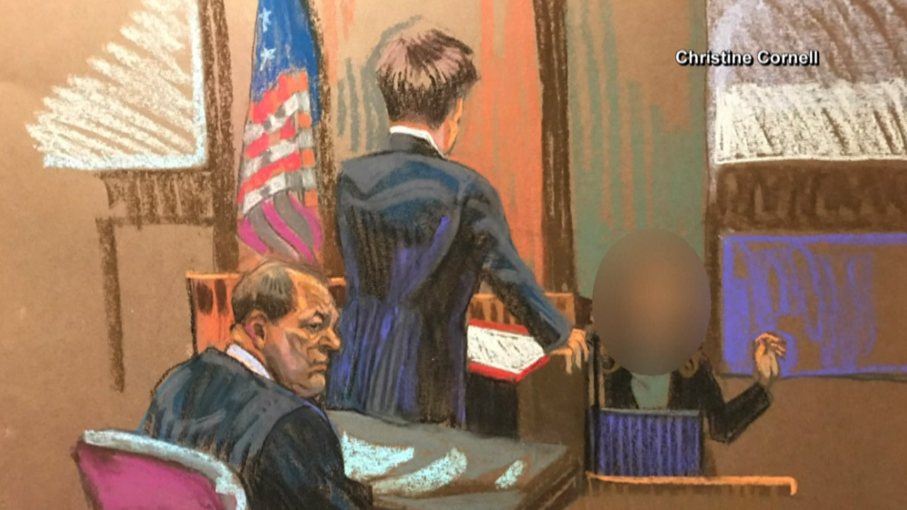 An illustration of Lauren Marie Young giving testimony in the Harvey Weinstein trial.