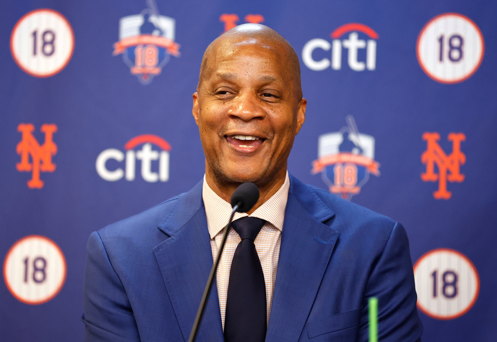 New York Mets former outfielder Darryl Strawberry speaks before number retirement ceremony, June 1, 2024, in New York. 